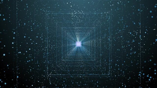 3D Infinite digital light blue square tunnel of glowing dots particle with futuristic matrix. cyber technology motion background.