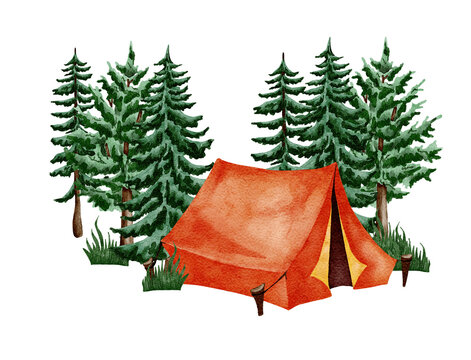 Camping Clipart. Hand Drawn Wild Camping Illustration. Forest, Hiking Design. Watercolor Tent In The Meadow Of The Pine Foreest.