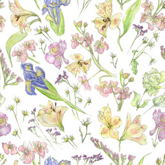 Watercolor seamless pattern of flower composition, pastel violet, yellow flowers, green leaves drawn by hand on a white background.