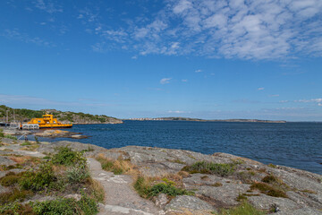 Swedish West Coast. Ferry in the sea. Gothenburg archipelago. Island view