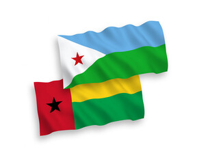 National vector fabric wave flags of Republic of Guinea Bissau and Republic of Djibouti isolated on white background. 1 to 2 proportion.