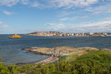 Swedish West Coast. Gothenburg archipelago. Island view. Ferry on the way to island 