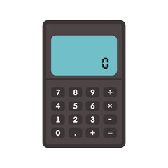 Calculator isolated on a white background. Dark gray calculator with a blue monitor.