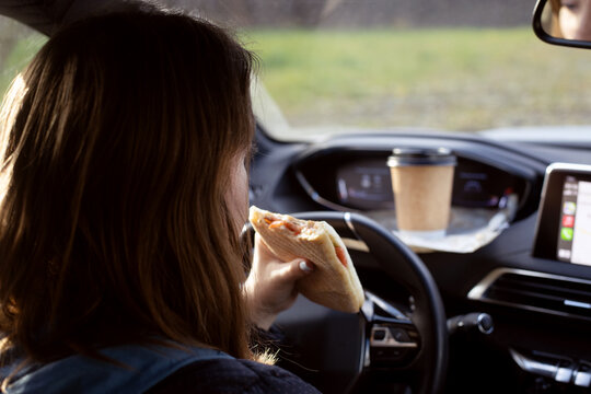 Drive-in Lunch Woman Sitting Car Eating Take Away Coffee