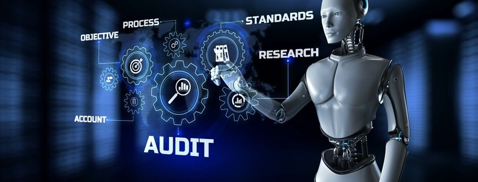 Audit Robotic process automation RPA concept. Robot pressing button on screen 3d render.