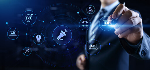Advertising Marketing strategy concept. Businessman pressing button.