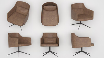 Brown leather chair on white background, top view, side, 3d rendering