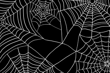 Illustration of some white cobwebs isolated on black background  - 465260719