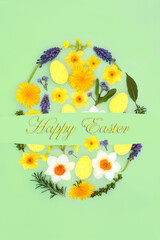 Happy Easter abstract egg shape concept with flowers, decorative eggs, spring flowers and leaf sprigs with banner text on pastel green background. 