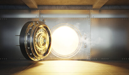 Open Bank vault door with gold light comes out from inside - obrazy, fototapety, plakaty