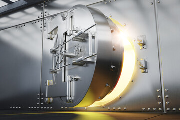 Open Bank vault door with gold light comes out from inside - obrazy, fototapety, plakaty