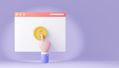 Cartoon hand click dollar gold coin on blank interface on purple. 3d render illustration