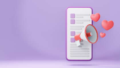 Cartoon Megaphone with red heart and smartphone interface on purple. 3d render illustration