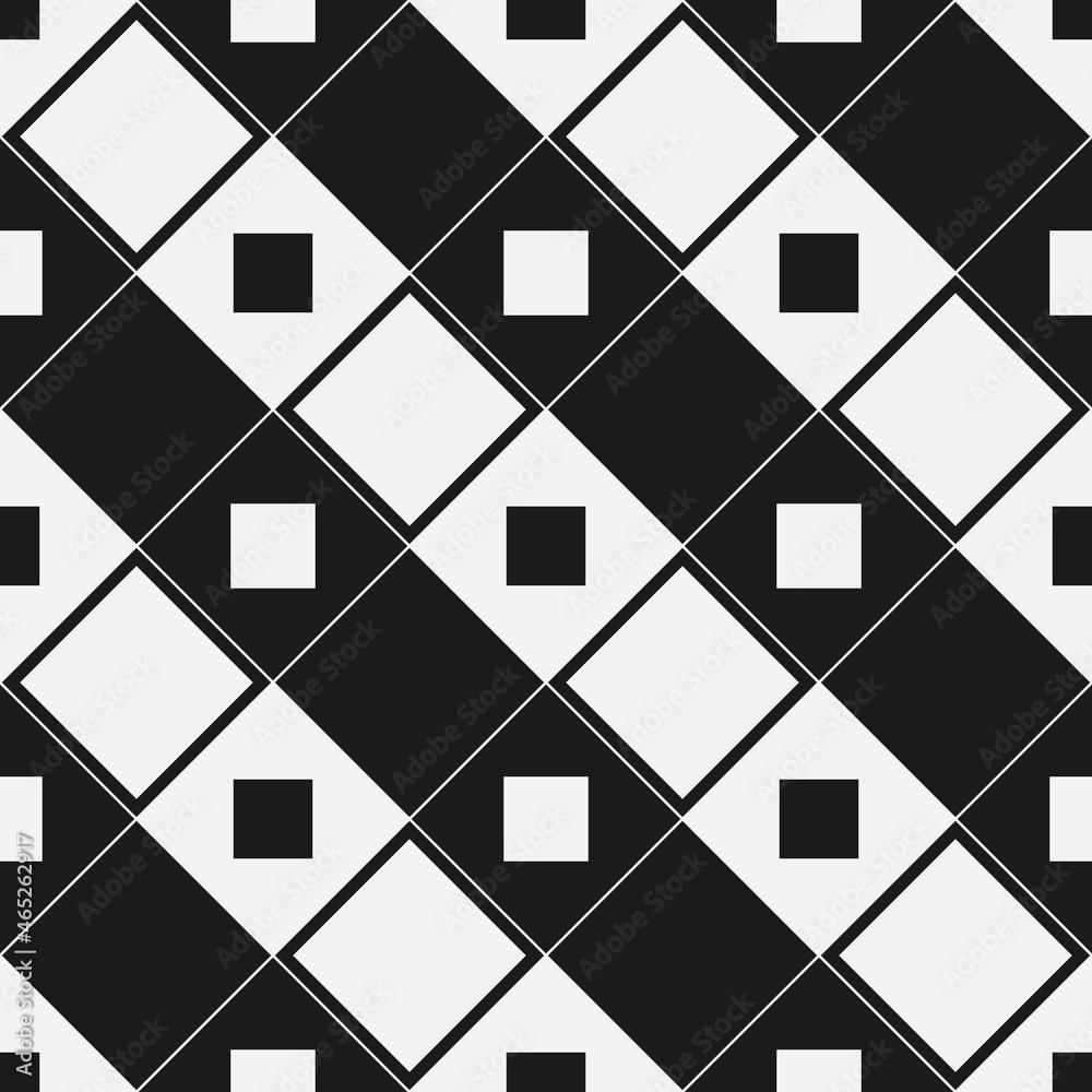 Poster Diagonal diamond rows with white and black tiles. Vector with checkerboard type seamless pattern.