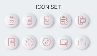 Set line Hospital bed, Medical book, Setting on smartphone, Laptop and gear, location with cross, Smartphone download, circle and Wind rose icon. Vector
