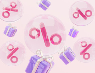 Background and glass bubbles with interest and gifts. The concept of economics. Discount. 3d render.