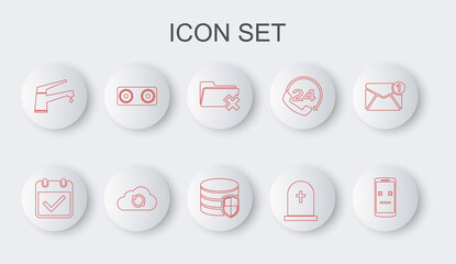 Set line Dead mobile, Calendar with check mark, Delete folder, Tombstone cross, Water tap, Stereo speaker, Cloud sync refresh and Database protection icon. Vector