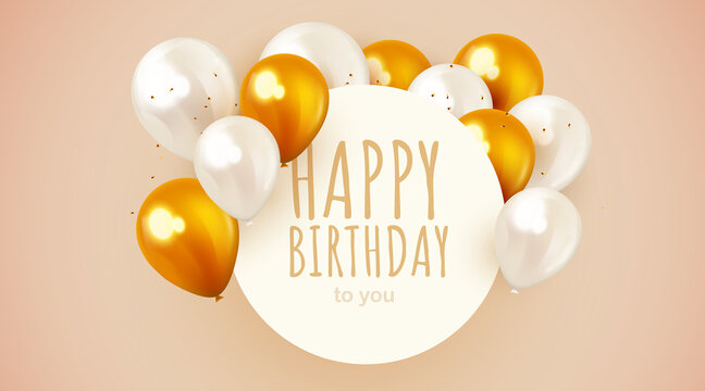 Happy birthday frame with golden and white air balloons. Holiday design for greeting card, party poster, banner template.
