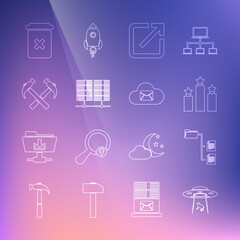 Set line UFO abducts cow, Folder tree, Ranking star, Open new window, Server, Data, Web Hosting, Two crossed hammers, Trash can and Cloud mail server icon. Vector