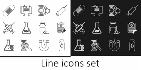 Set line Medical vial, ampoule, Clipboard with DNA analysis, Genetic engineering, research, search, Crossed syringe, Bandage plaster, Medicine bottle pills and Clinical record on monitor icon. Vector