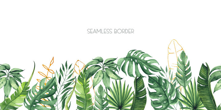 Watercolor hand painted tropical seamless border with green palm leaves, golden line elements