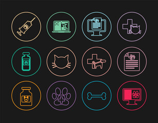 Set line Clinical record pet on monitor, Medical certificate for dog cat, Cat, Pets vial medical, Syringe with vaccine, Veterinary clinic and laptop icon. Vector
