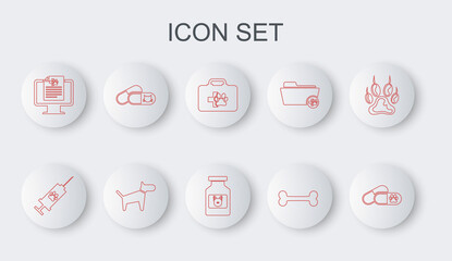 Set line Dog and pills, Syringe with pet vaccine, Pet first aid kit, bone, Clinical record monitor, Cat, and medicine bottle icon. Vector