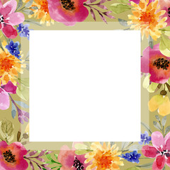 frame with delicate multicolored watercolor flowers, hand painted