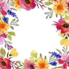 frame with delicate multicolored watercolor flowers, hand painted