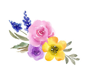 watercolor bouquet of bright multi-colored flowers on a white background. hand painted for design and invitations.	