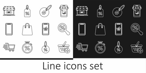 Set line Add to Shopping basket, Magnifying glass with percent, Price tag dollar, Handbag, Smartphone, mobile phone, Online shopping, Mobile and Discount icon. Vector