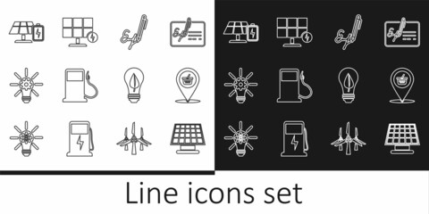 Set line Solar energy panel, Location shopping basket, Signature, Petrol or Gas station, Light bulb with gear, and battery, leaf and icon. Vector