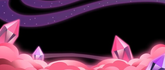 Banner with pink and purple crystals on pink clouds. The atmosphere seems magical and cute use for gift, poster, banner, website and background . The banner background is black.