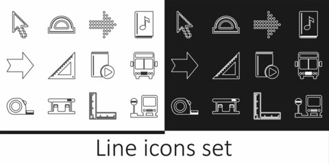Fototapeta premium Set line Bus stop, Dots arrow, Triangular ruler, Arrow, Pixel cursor, Audio book and Protractor grid icon. Vector