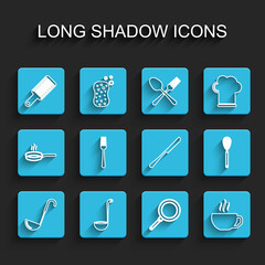 Set line Kitchen ladle, Grater, Frying pan, Coffee cup, Fork, whisk and Knife icon. Vector