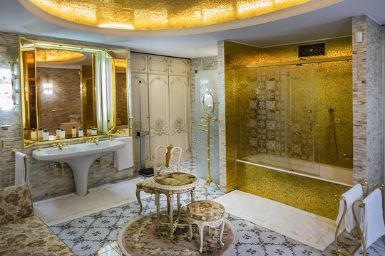 Interior of Ceausescu Palace (or Spring Palace) - building where Romania's former Communist leader, Nicolae Ceausescu lived in 1965 - 1989. Luxurious bathrooms. BUCHAREST, ROMANIA. JUNE 18, 2021.