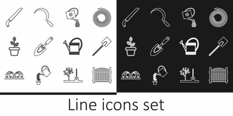 Set line Garden fence, shovel, Watering can, trowel spade or, Flowers pot, saw, and Sickle icon. Vector