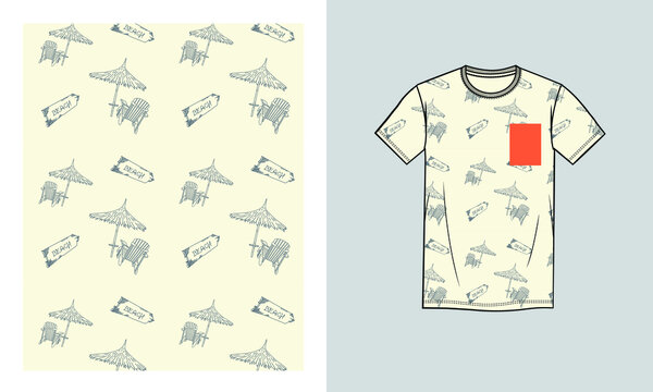 Hawaiian beach all over print Summer T-shirt with a pop color pocket. Seamless Patterns with Editable elements in Vector Format.