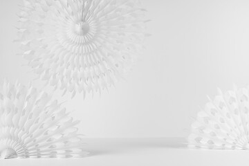 White abstract scene for presentation of produce with circle paper carved white fans on table in...