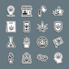 Set line Head in profile with marijuana, Marijuana or cannabis seeds, Shield and, Watering, Online buying, Shopping bag, Location and leaf icon. Vector