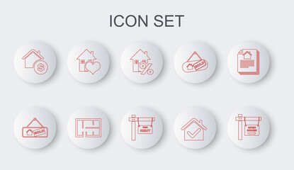 Set line Hanging sign with Open house, Sold, House percant, check mark, dollar, heart shape, plan and For Rent icon. Vector