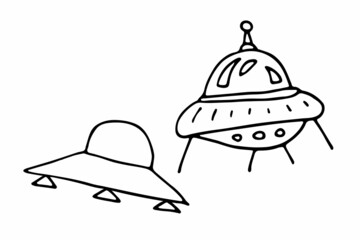 Fototapeta premium Doodle space sticker set. Flying saucers isolated on white background. Outline astronomical objects. UFO, Spaceships futuristic sketch sign. Hand-drawn Sci-fi image. Vector science cute illustration
