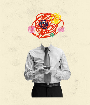 Contemporary art collage of man in official suit with drawn elements head of confused thoughts isolated over yellow background