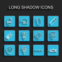 Set line Military helmet, Parachute, Hand grenade, knife, Submarine, Nuclear bomb, Chevron and Target sport icon. Vector
