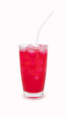 Red nectar. Summer sweet iced drink red in glass tall with a straw. Drink and refresh. Red nectar quenches thirst, Water is mixture of red and sugar. Isolated on white background