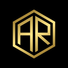golden initial letter AR hexagon logo design vector