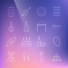 Set line Massive steel chandelier, Steak meat, Hotdog sandwich, Bottle cap, Beer bottle, Banjo, can and Camping tent icon. Vector