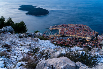 Aerial view of the rare snow on hill  in Dubrovnik, Croatia