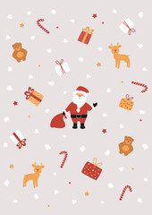 Christmas pattern with Santa Claus holding red bag and waving, cute reindeer and bear cub, candies, gift boxes, stars and abstract snow on gray background. Vertical print for letter, banner