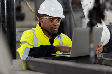 Male engineer worker using computer notebook control automatic robotic hand machine in factory. Black male technician worker working with control automatic robot arm system welding